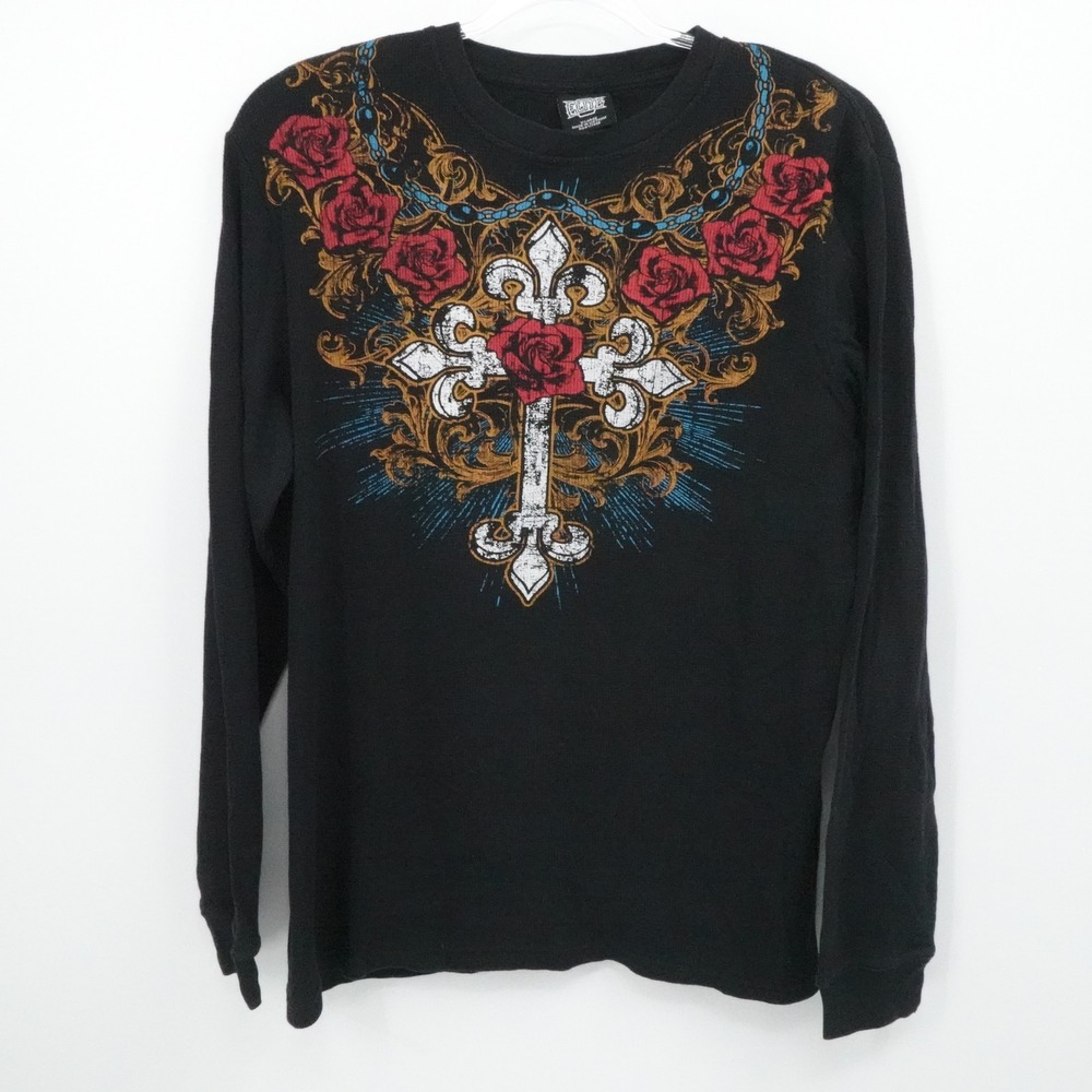 MMA Elite Shirtr Mens XL‎ Black Thermal  Long Sleeve Cross Rose Graphic Tattoo
